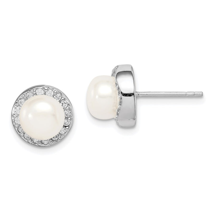 Sterling Silver Rhod-Plat 7-8mm White Button Fwc Pearl Cz Earrings