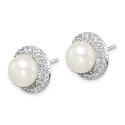 Sterling Silver Rhod-Plat 8-9mm White Button Fwc Pearl Cz Earrings
