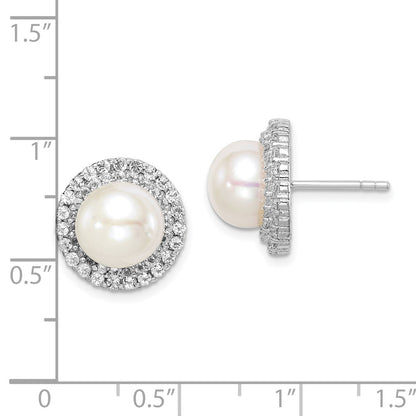 Sterling Silver Rhod-Plat 8-9mm White Button Fwc Pearl Cz Earrings