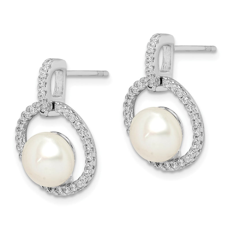 Sterling Silver Rhodium-Plated 8-9mm White Button Fwc Pearl Cz Earrings