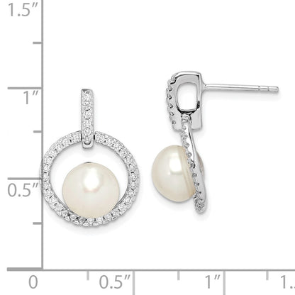 Sterling Silver Rhodium-Plated 8-9mm White Button Fwc Pearl Cz Earrings