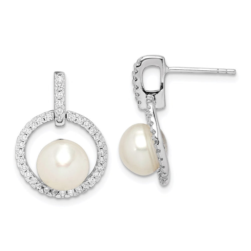 Sterling Silver Rhodium-Plated 8-9mm White Button Fwc Pearl Cz Earrings