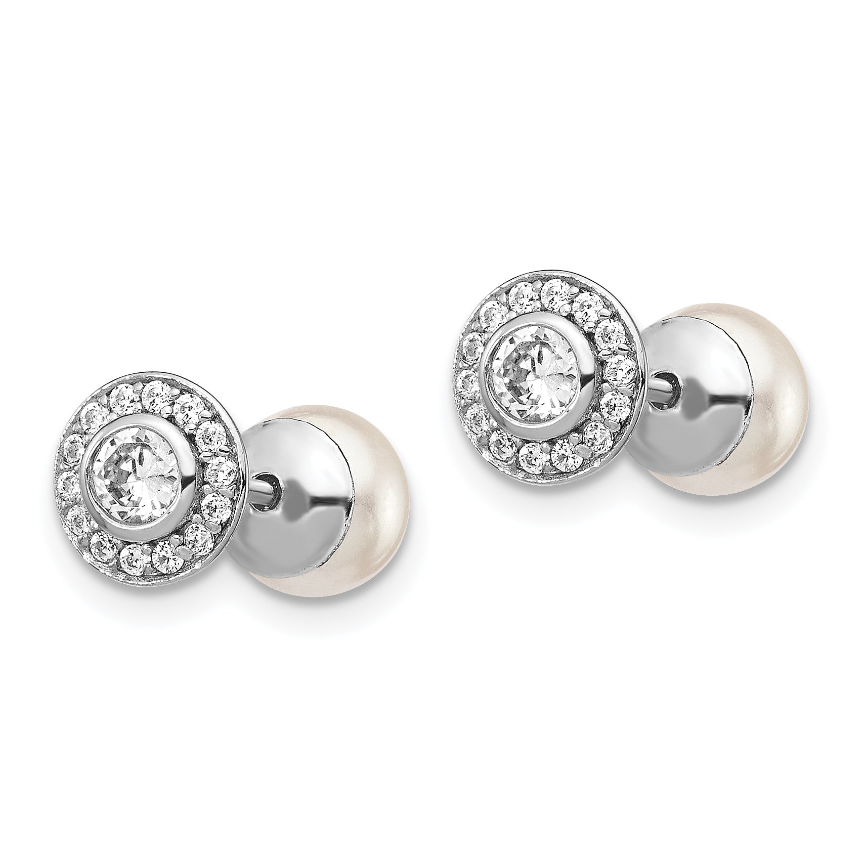 Sterling Silver Rhodium-Plated Polished White 5-6mm Mother Of Pearl & Cz Halo Reversible Post Earrings