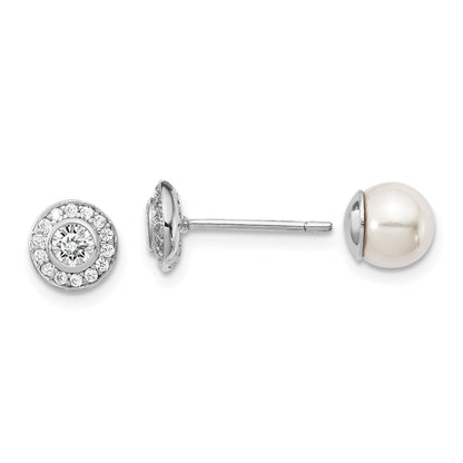 Sterling Silver Rhodium-Plated Polished White 5-6mm Mother Of Pearl & Cz Halo Reversible Post Earrings