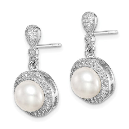 Sterling Silver Rhodium-Plated 8mm Imitation Shell Pearl Cz Post Earrings