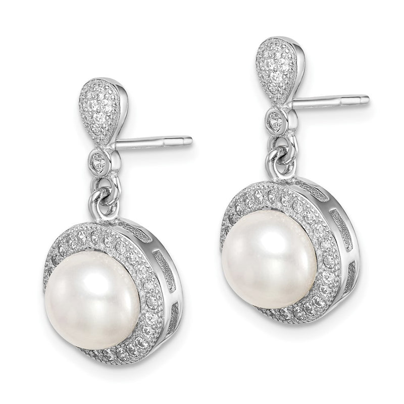 Sterling Silver Rhodium-Plated 8mm Imitation Shell Pearl Cz Post Earrings