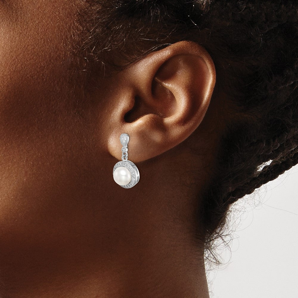 Sterling Silver Rhodium-Plated 8mm Imitation Shell Pearl Cz Post Earrings