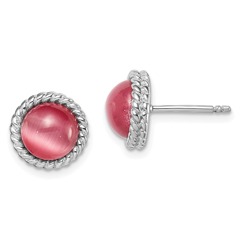 Sterling Silver Rhodium-Plated Created Pink Cats Eye Post Earrings