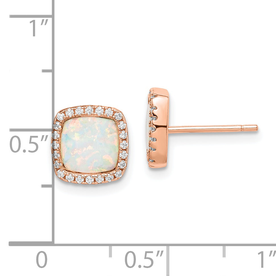 Sterling Silver Rose-Tone Created Opal & Cz Square Halo Post Earrings