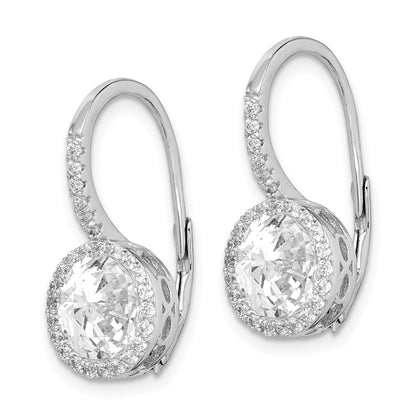 Sterling Silver Rhodium-Plated Polished Round Cz Halo Leverback Earrings