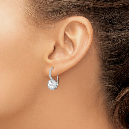 Sterling Silver Rhodium-Plated Polished Round Cz Halo Leverback Earrings