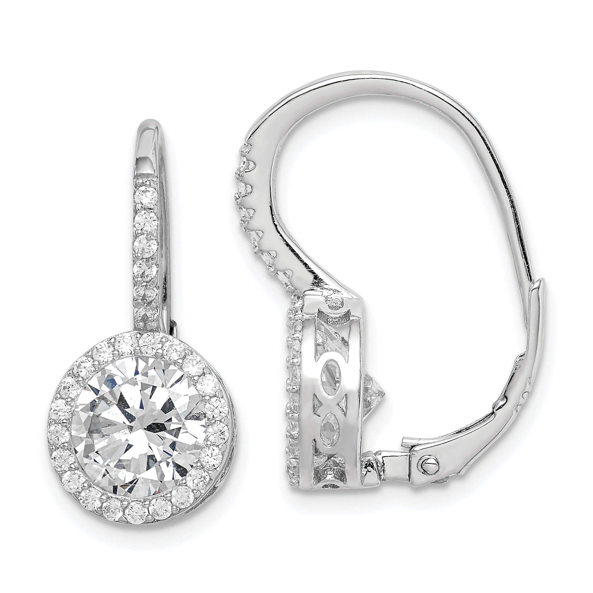 Sterling Silver Rhodium-Plated Polished Round Cz Halo Leverback Earrings