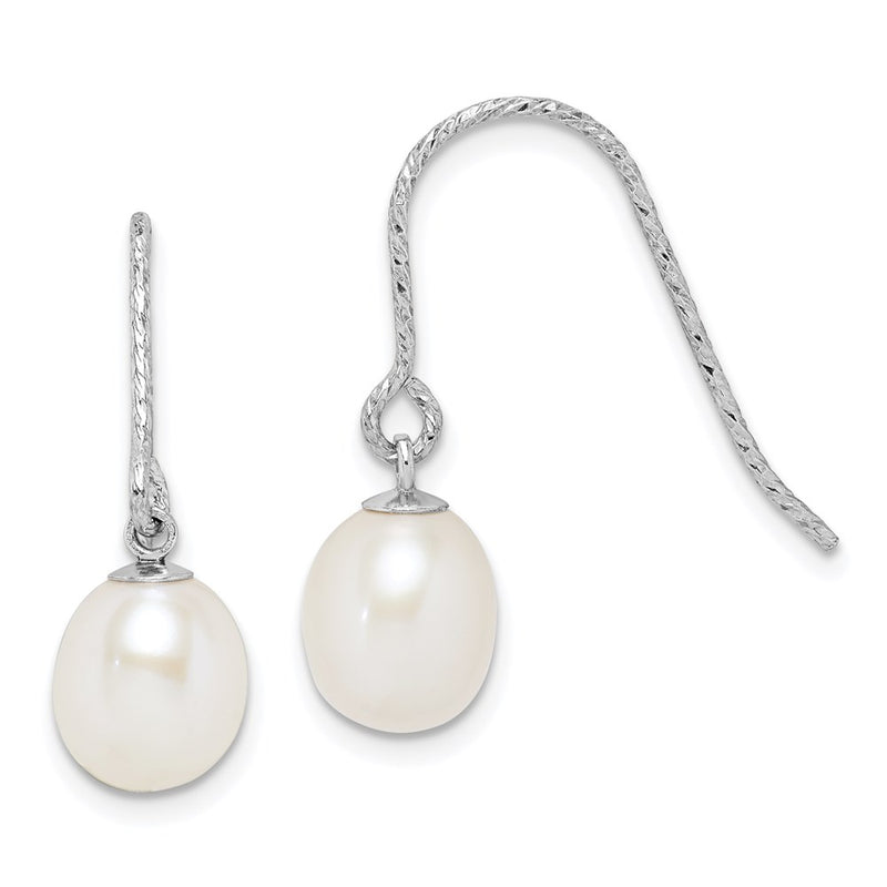 Sterling Silver Rhodium-Plated Polished & Diamond-Cut White 6-7mm Freshwater Cultured Pearl Dangle Earrings
