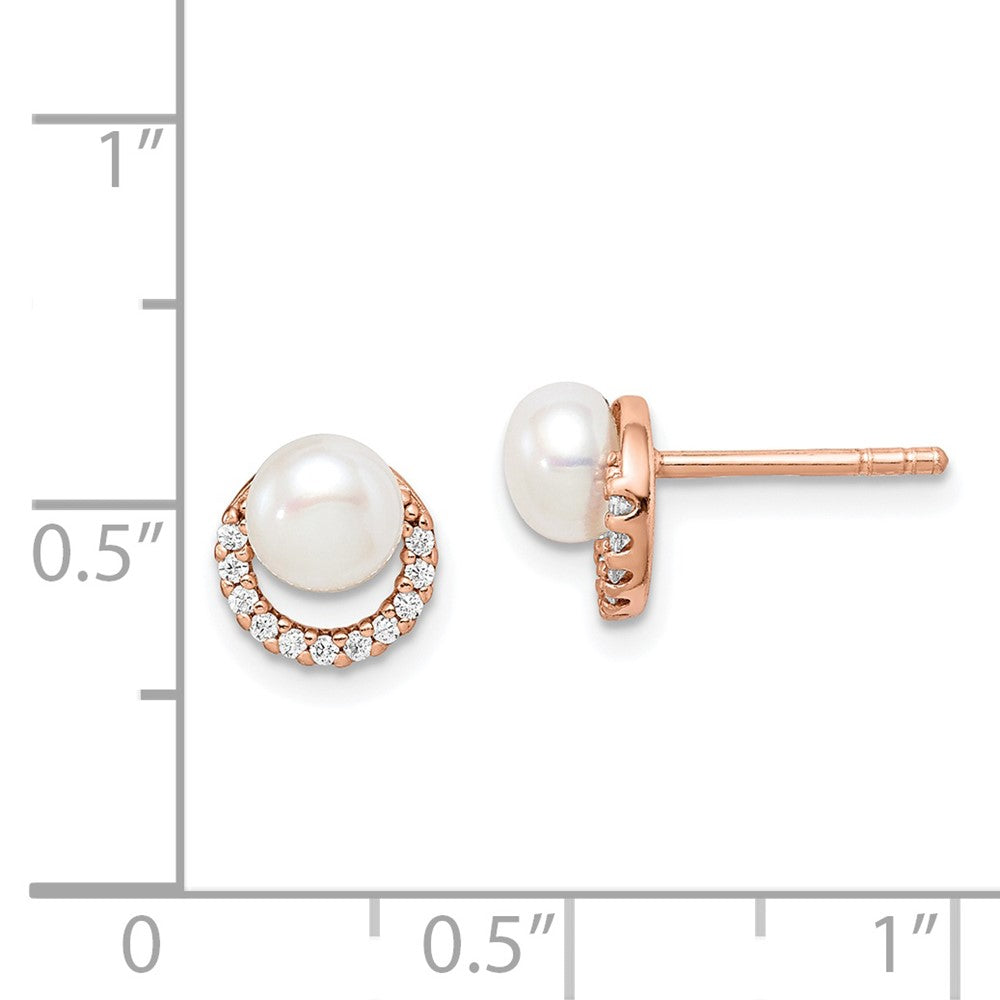 Sterling Silver Rose-Tone W/ Fw Cultured Pearl And Cz Earrings