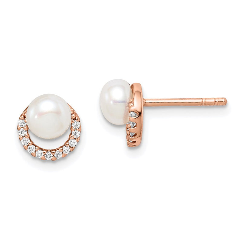 Sterling Silver Rose-Tone W/ Fw Cultured Pearl And Cz Earrings