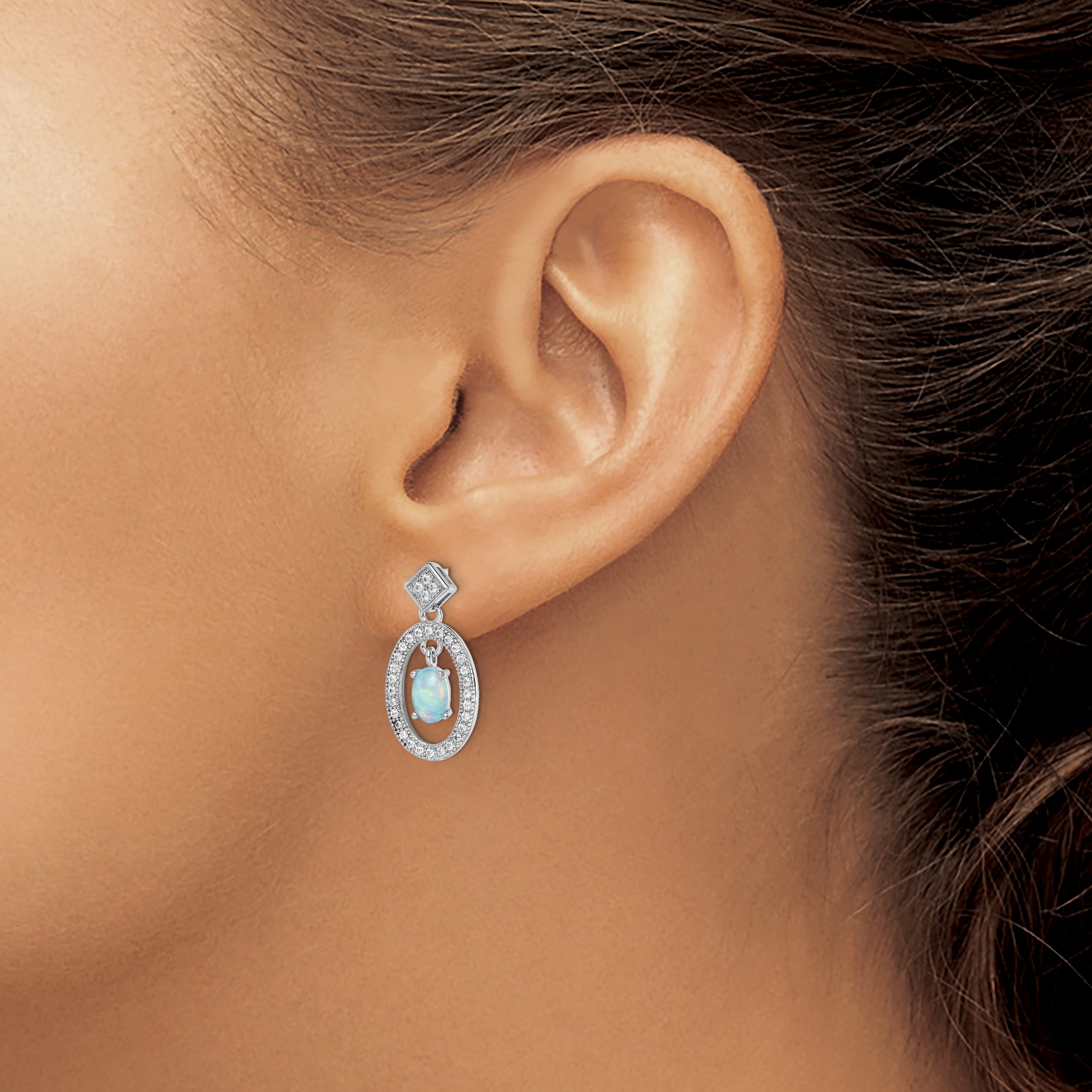 Sterling Silver Rhodium-Plated Created Opal & Cz Post Dangle Earrings