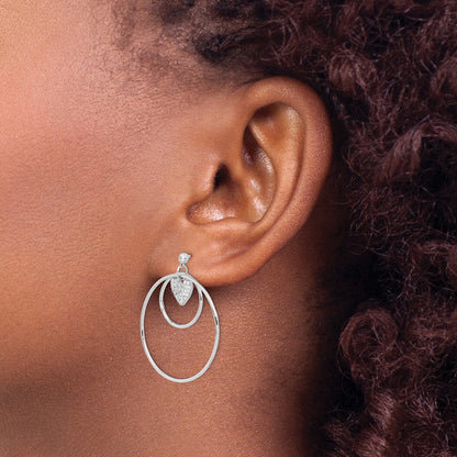 Sterling Silver Rh-Plated Double Circle W/Cz Heart Post Earrings