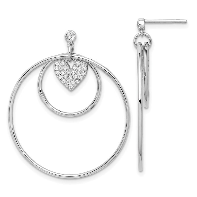 Sterling Silver Rh-Plated Double Circle W/Cz Heart Post Earrings