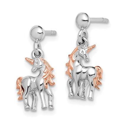 Sterling Silver Rhodium-Plated Rose Gold-Plated Unicorn Post Earrings