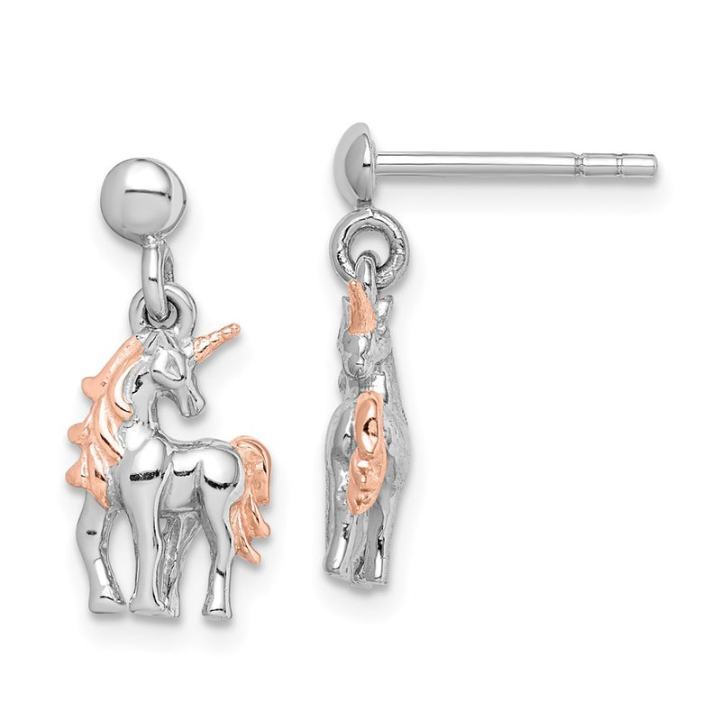 Sterling Silver Rhodium-Plated Rose Gold-Plated Unicorn Post Earrings