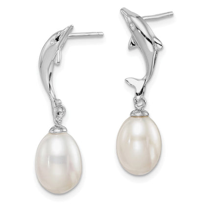 Sterling Silver Rhodium-Plated 7-8mm White Rice Fwc Pearl Dolphin Earrings