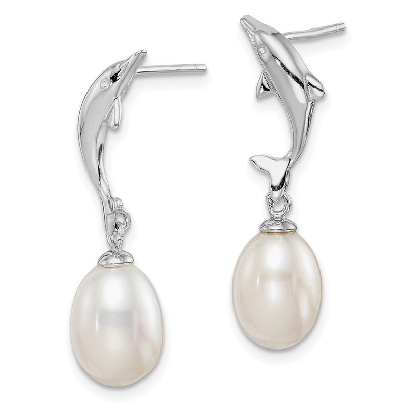 Sterling Silver Rhodium-Plated 7-8mm White Rice Fwc Pearl Dolphin Earrings