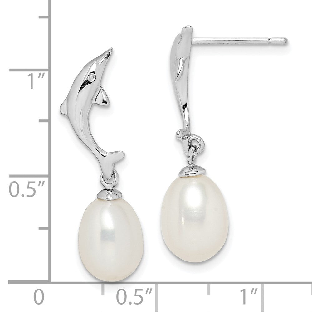 Sterling Silver Rhodium-Plated 7-8mm White Rice Fwc Pearl Dolphin Earrings