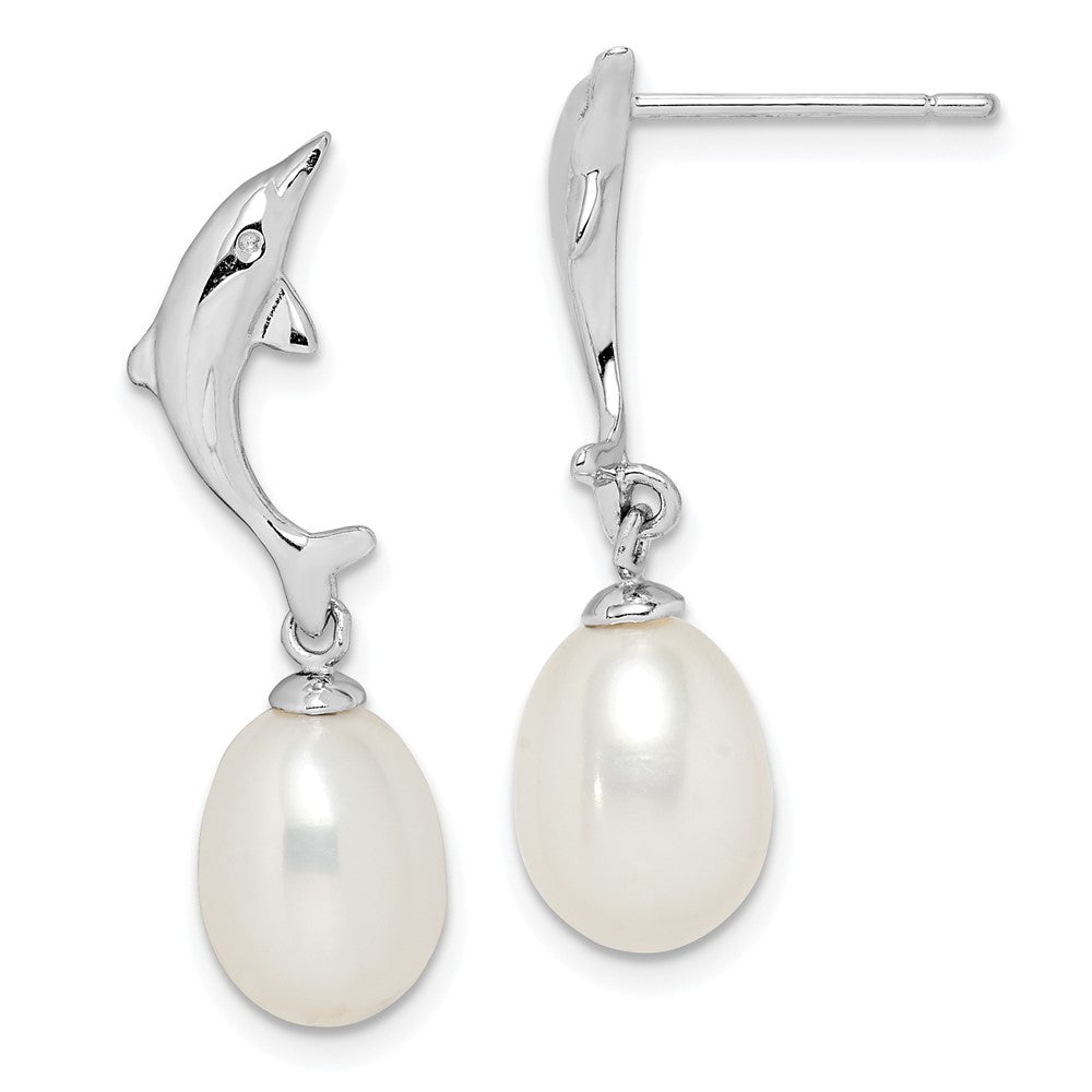 Sterling Silver Rhodium-Plated 7-8mm White Rice Fwc Pearl Dolphin Earrings