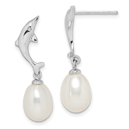 Sterling Silver Rhodium-Plated 7-8mm White Rice Fwc Pearl Dolphin Earrings