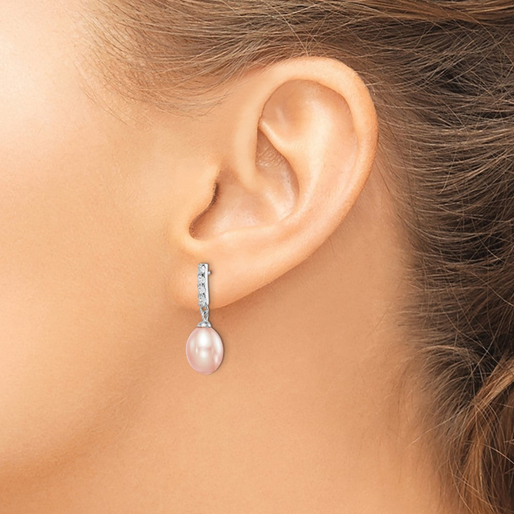 Sterling Silver Rhodium-Plated Polished Pink 8-9mm Freshwater Cultured Pearl & Cz Post Dangle Earrings