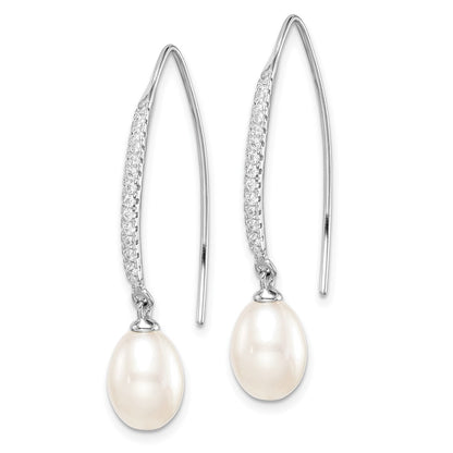 Sterling Silver Rhodium-Plated Polished White 7-8mm Freshwater Cultured Pearl & Cz Threader Earrings