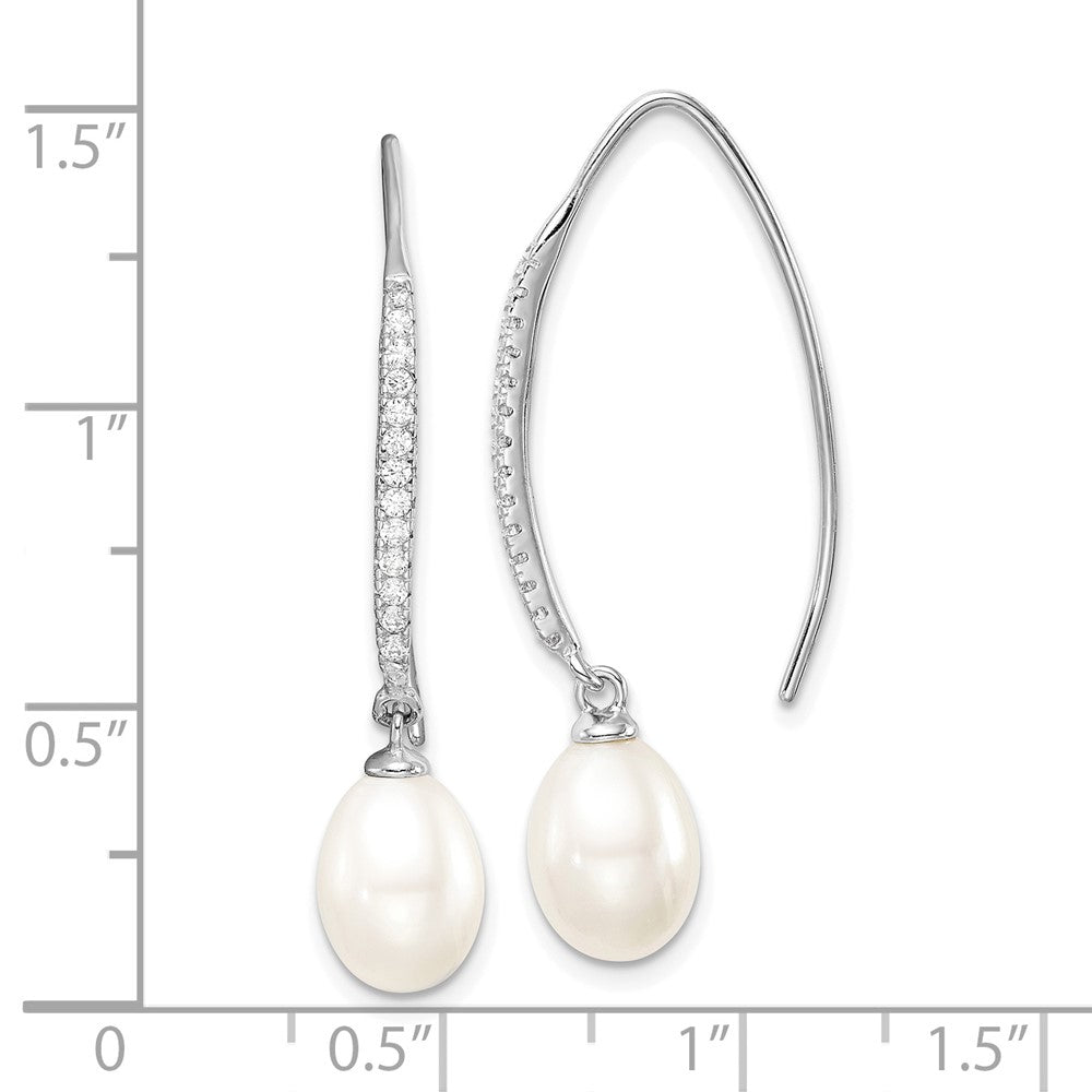 Sterling Silver Rhodium-Plated Polished White 7-8mm Freshwater Cultured Pearl & Cz Threader Earrings