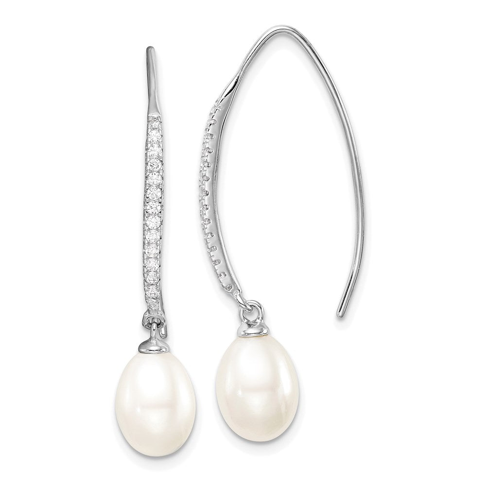 Sterling Silver Rhodium-Plated Polished White 7-8mm Freshwater Cultured Pearl & Cz Threader Earrings