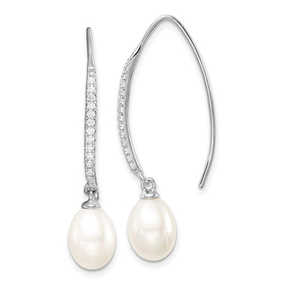 Sterling Silver Rhodium-Plated Polished White 7-8mm Freshwater Cultured Pearl & Cz Threader Earrings