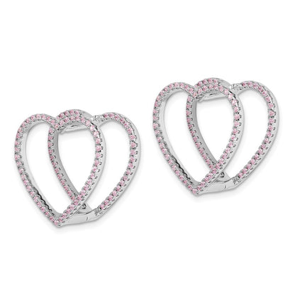 Sterling Silver Rhodium-Plated Pink Cz Heart Hinged In/Out Earrings