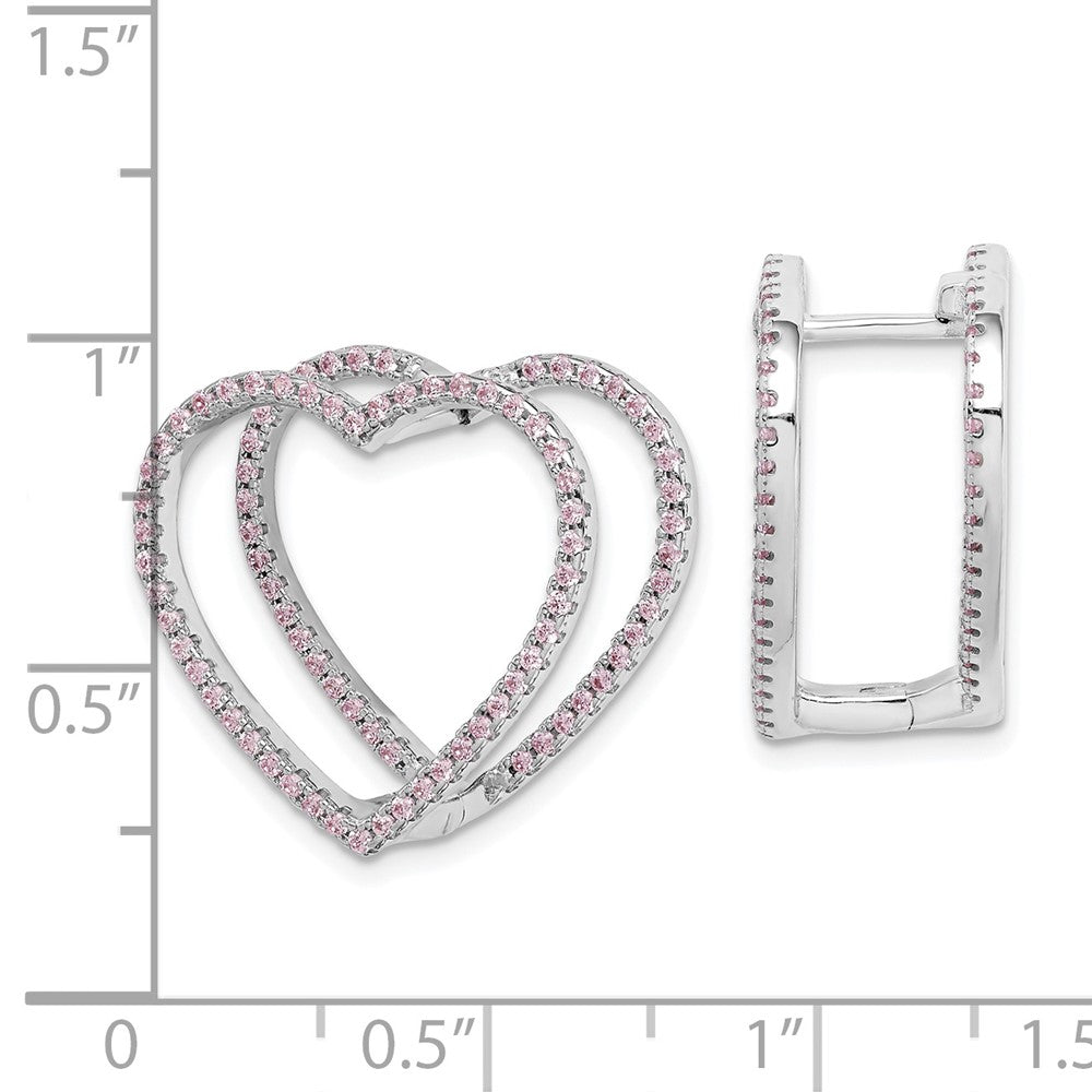 Sterling Silver Rhodium-Plated Pink Cz Heart Hinged In/Out Earrings