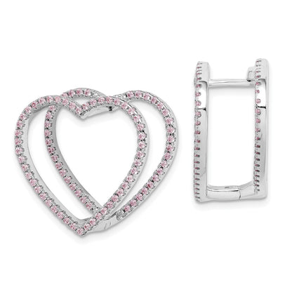 Sterling Silver Rhodium-Plated Pink Cz Heart Hinged In/Out Earrings