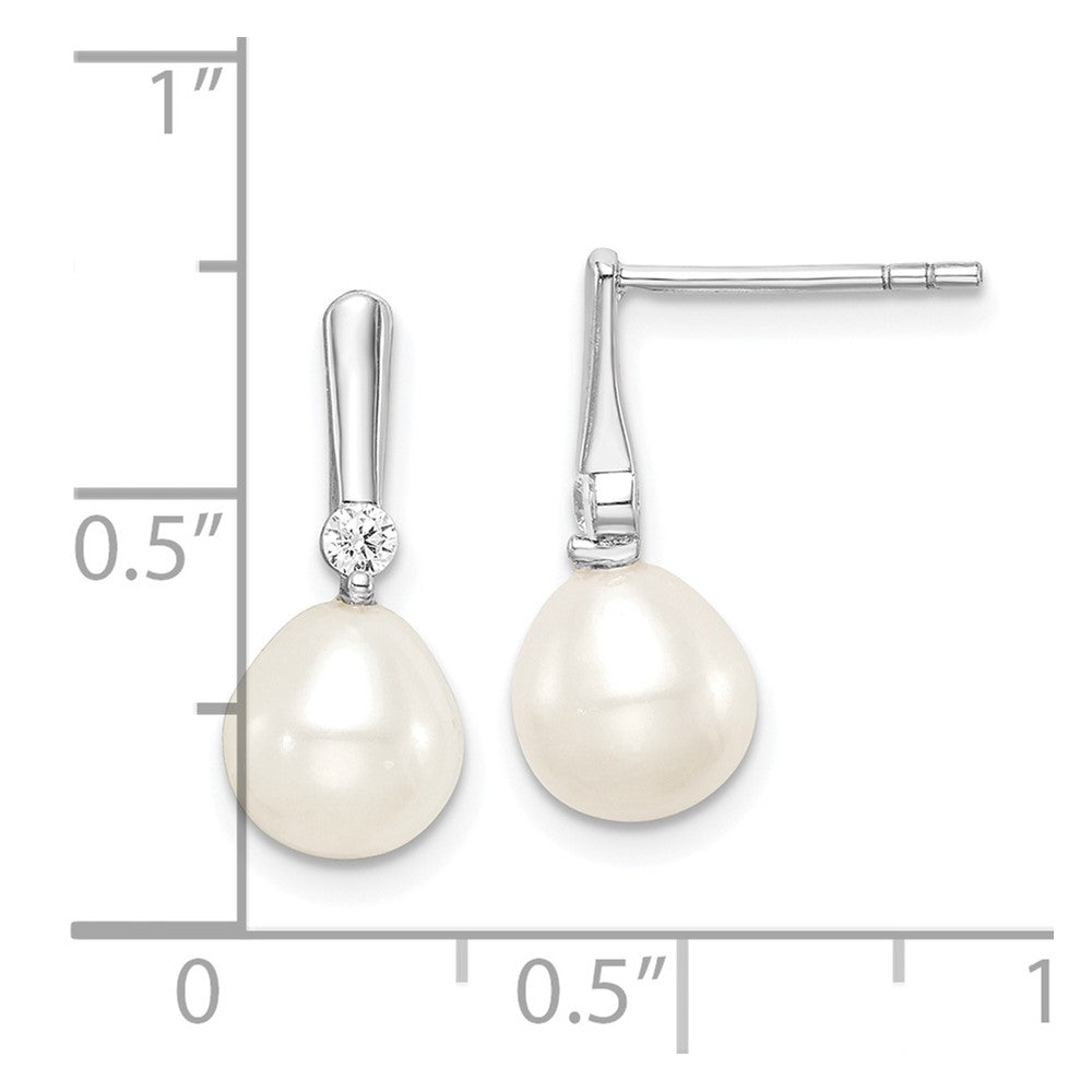 Sterling Silver Rhodium-Plated 7-8mm Rice Fwc Pearl Cz Dangle Earrings