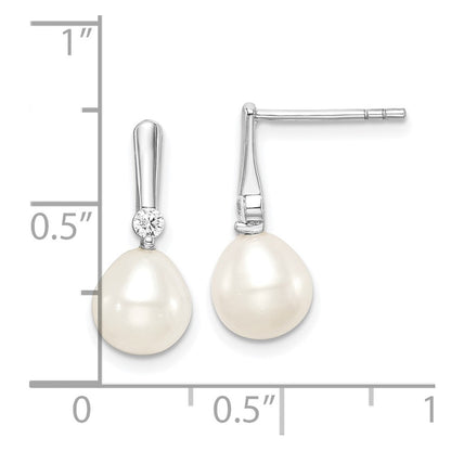Sterling Silver Rhodium-Plated 7-8mm Rice Fwc Pearl Cz Dangle Earrings