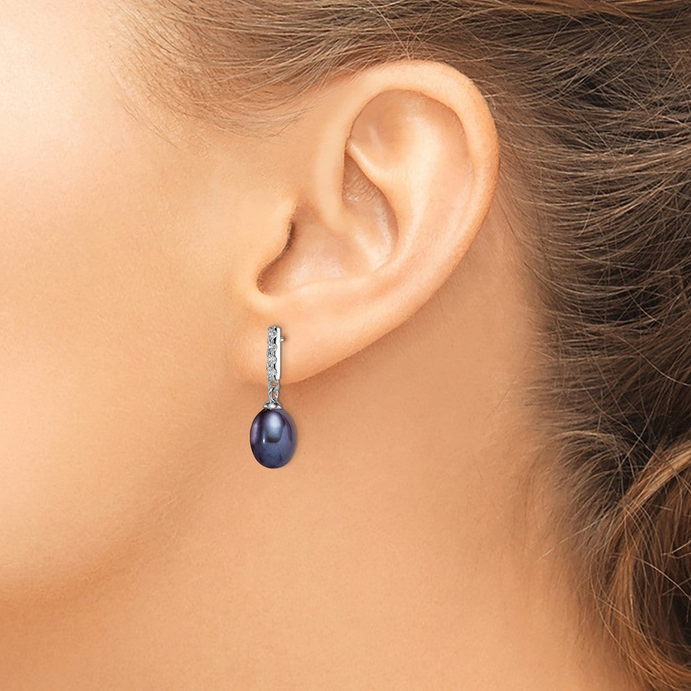 Sterling Silver Rhodium-Plated Polished 8-9mm Black Freshwater Cultured Pearl & Cz Post Dangle Earrings