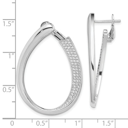 Sterling Silver Rh-Plated Cz Pave Front And Back Oval Hoop Earrings