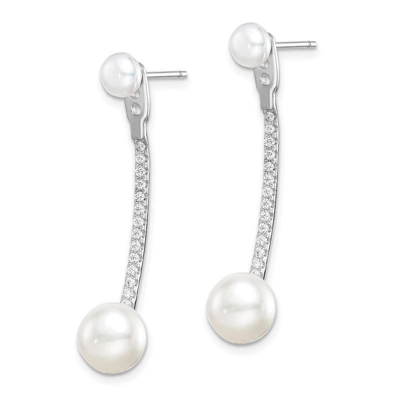 Sterling Silver Rhodium-Plated Polished White 5-7mm Freshwater Cultured Pearl & Cz With Jacket Post Earrings