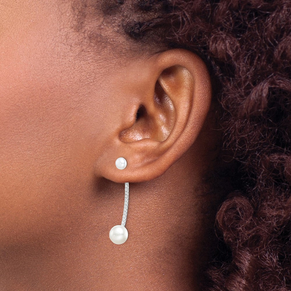 Sterling Silver Rhodium-Plated Polished White 5-7mm Freshwater Cultured Pearl & Cz With Jacket Post Earrings