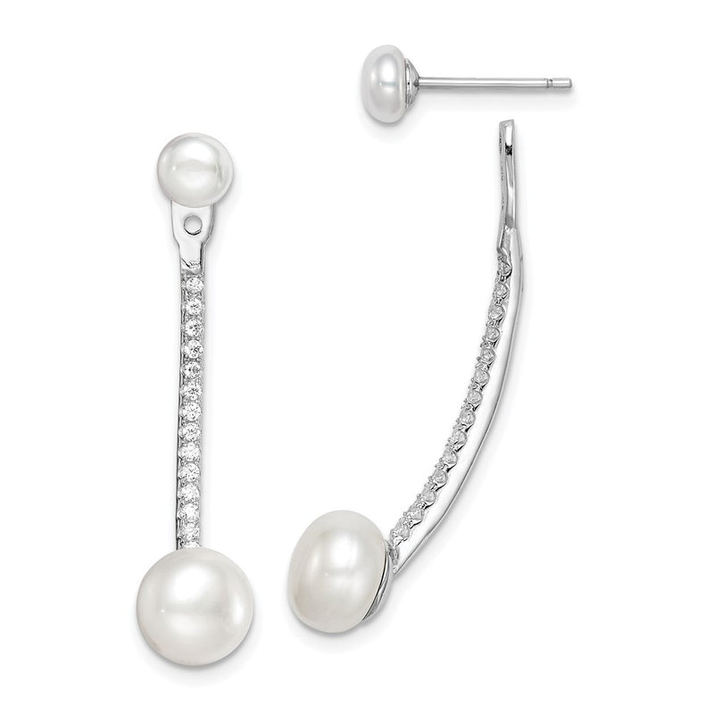 Sterling Silver Rhodium-Plated Polished White 5-7mm Freshwater Cultured Pearl & Cz With Jacket Post Earrings
