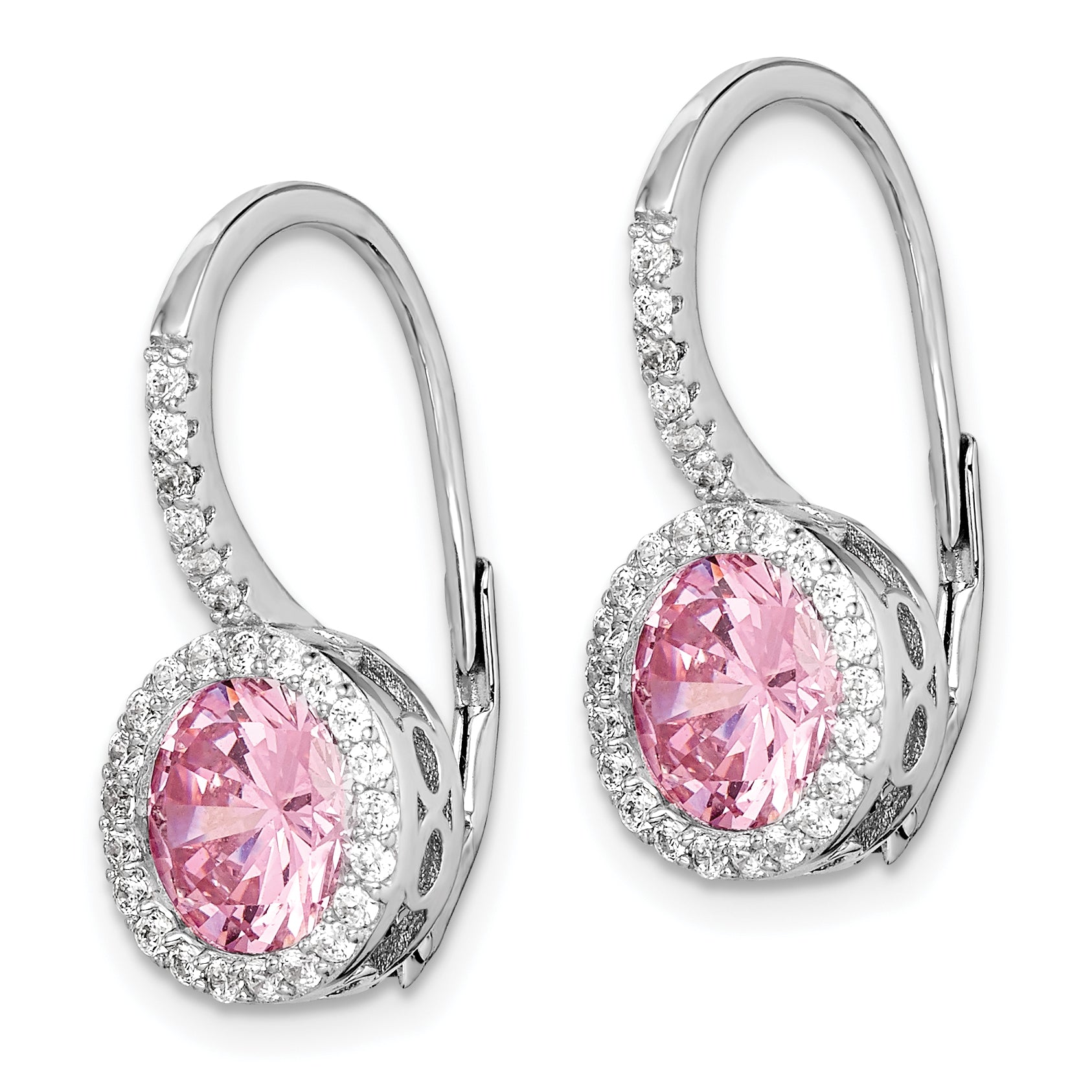 Sterling Silver Rh-Plated Polished Pink & White Cz Halo Leverback Earrings