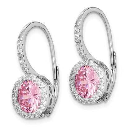 Sterling Silver Rh-Plated Polished Pink & White Cz Halo Leverback Earrings