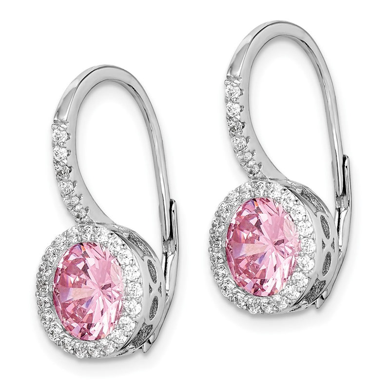 Sterling Silver Rh-Plated Polished Pink & White Cz Halo Leverback Earrings