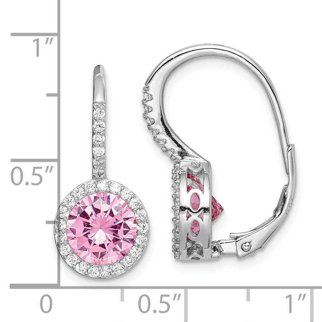 Sterling Silver Rh-Plated Polished Pink & White Cz Halo Leverback Earrings