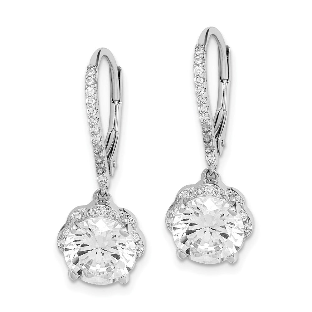 Sterling Silver Rhodium-Plated Polished Cz Flower Leverback Earrings