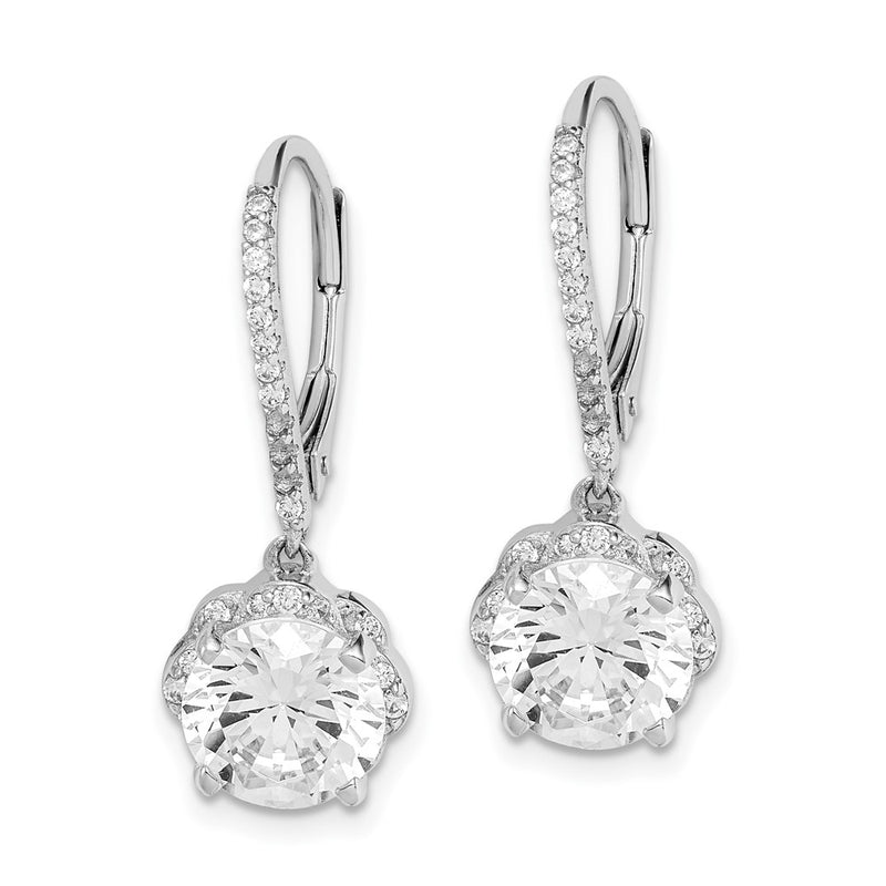 Sterling Silver Rhodium-Plated Polished Cz Flower Leverback Earrings